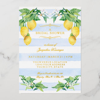 Elegant Floral Lemon Blue Gold Foil Bridal Shower Folieneinladung