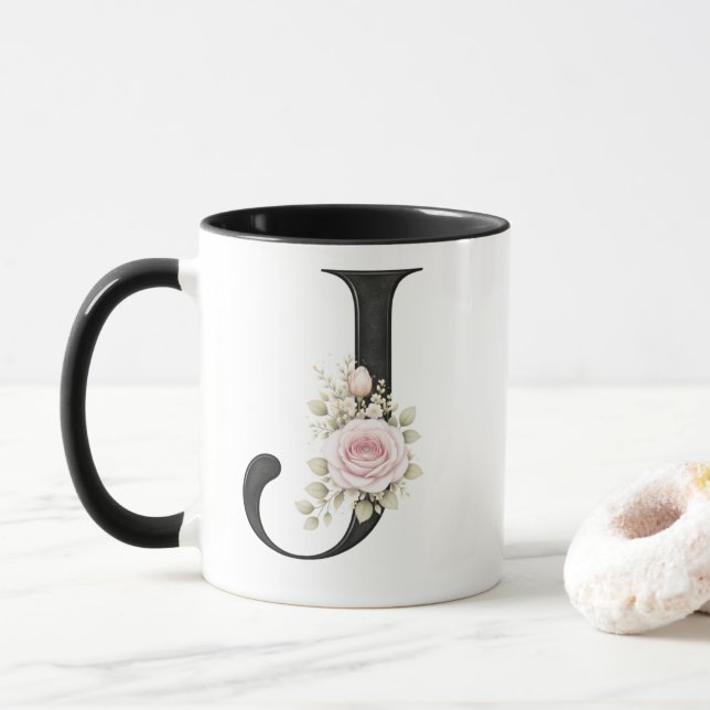 Elegant Floral Letter J Monogram Logo Tasse (Mit Donut)