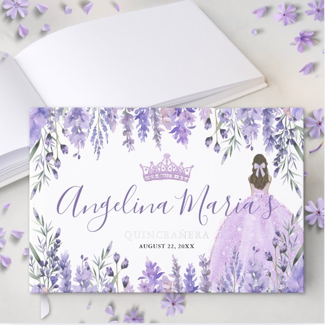Elegant Floral Lila Quinceanera Gästebuch (Elegant Floral Purple Quinceanera Foil Guest Book)