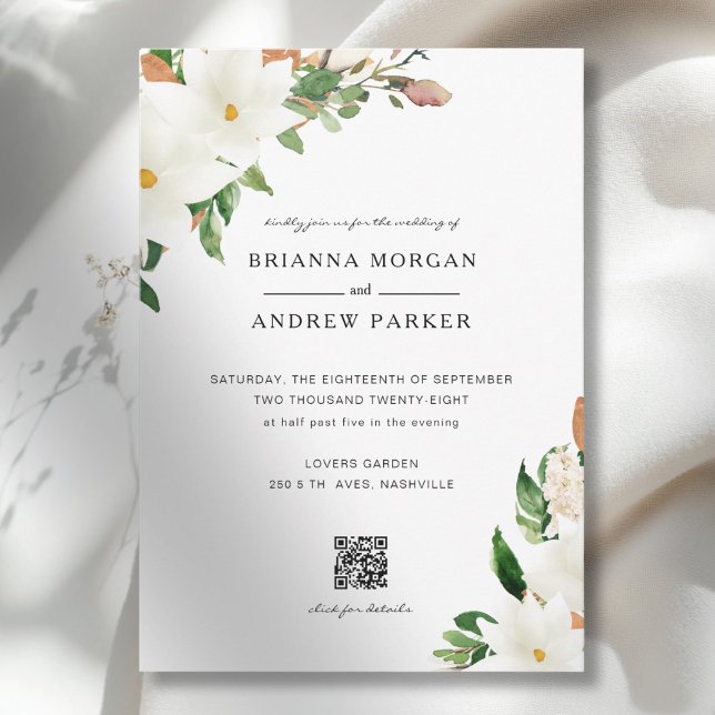 Elegant Floral Magnolia QR Code Wedding Einladung (Elegant Floral Magnolia QR Code Wedding Invitation)