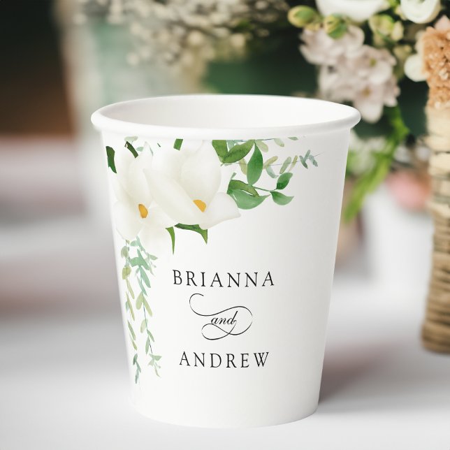 Elegant Floral Magnolia Wedding  Pappbecher (Elegant Floral Magnolia Wedding Paper Cups)