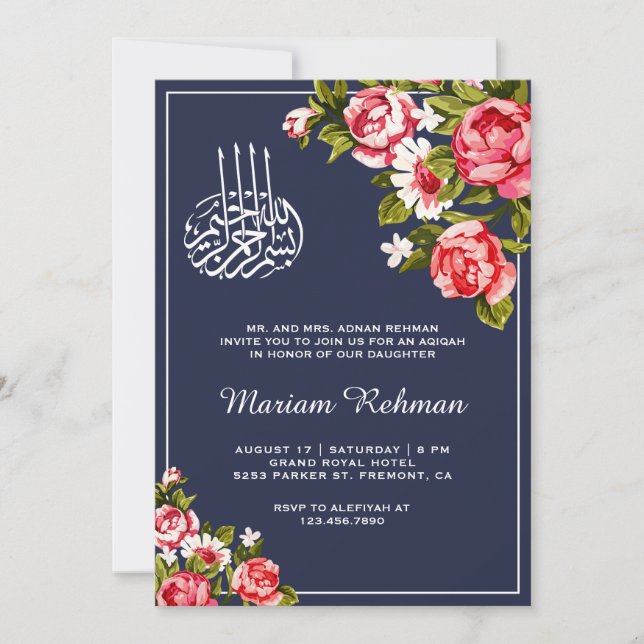 Elegant Floral Midnight Blue Baby Girl Aqiqah Einladung (Vorderseite)