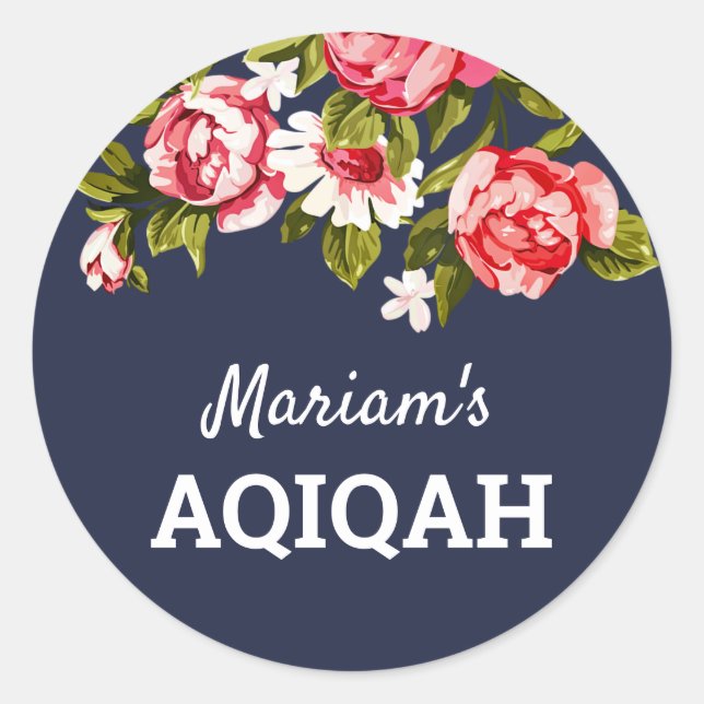 Elegant Floral Midnight Blue Baby Girl Aqiqah Runder Aufkleber (Vorderseite)