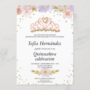 Elegant Floral mit Tiara Quinceañera Einladung