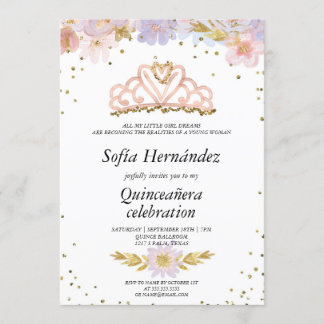 Elegant Floral mit Tiara Quinceañera Einladung