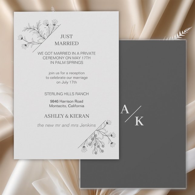 Elegant floral Modern Gray Just Married Einladung (Von Creator hochgeladen)