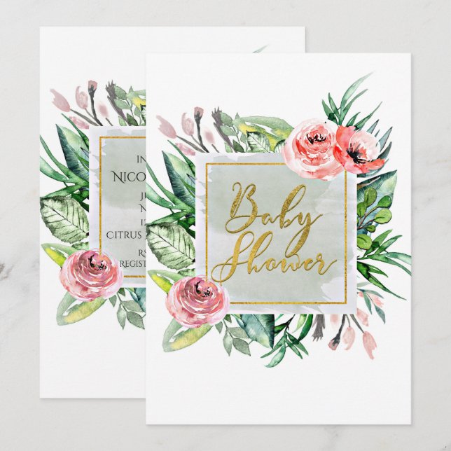 Elégant Floral moderne bébé douche Invitations (Devant / Derrière)