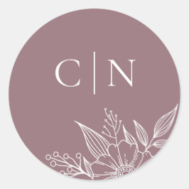 Elegant Floral Monogram Initials Mauve Wedding Runder Aufkleber