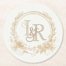 Elegant Floral Monogram “L & R” Paper Coasters