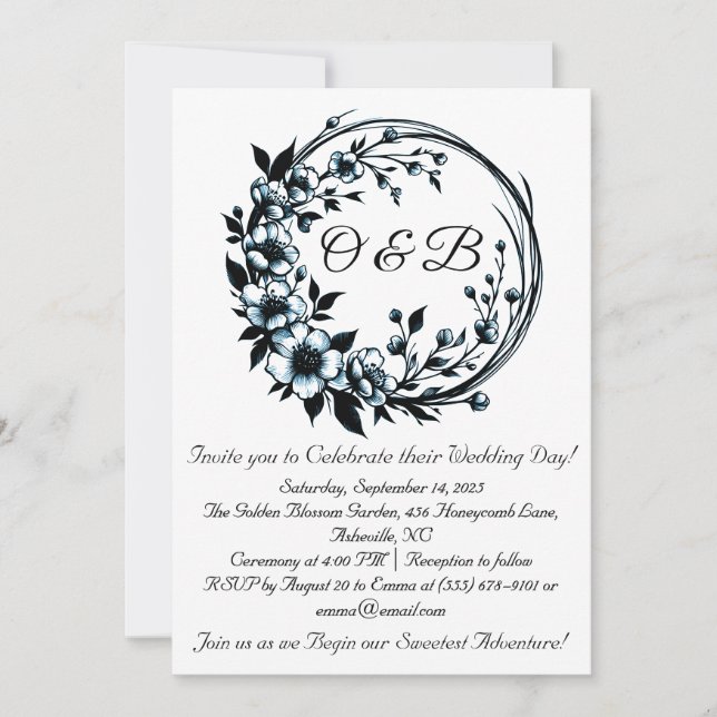 Elegant Floral Monogram Wedding Einladungen (Vorderseite)