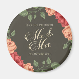 Élégant Floral Mr & Mrs Mariage Aimant de réf