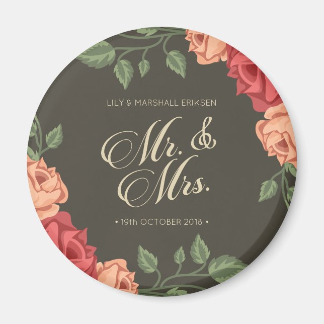 Élégant Floral Mr & Mrs Mariage | Aimant de réfrig (Devant)