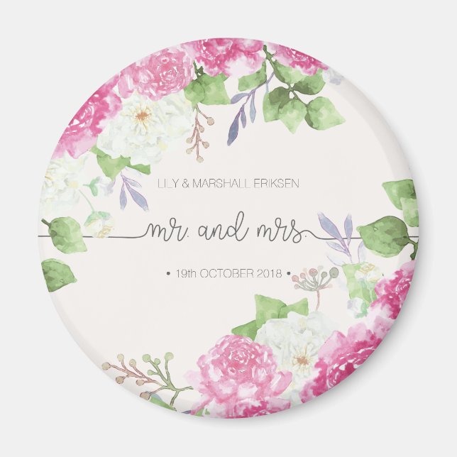 Élégant Floral Mr & Mrs Mariage | Aimant de réfrig (Devant)
