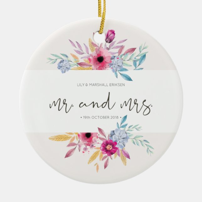Elegant Floral Mr & Mrs Wedding| Keramik Keramik Ornament (Vorne)