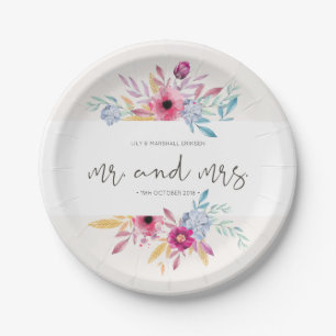 Elegant Floral Mr & Mrs Wedding Papierplatte Pappteller