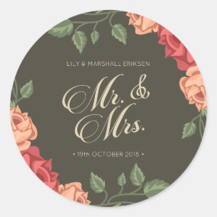 Elegant Floral Mr & Mrs Wedding SIEGEL Runder Aufkleber