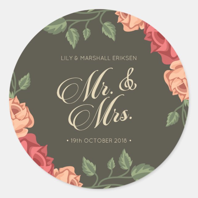 Elegant Floral Mr & Mrs Wedding | SIEGEL Runder Aufkleber (Vorderseite)