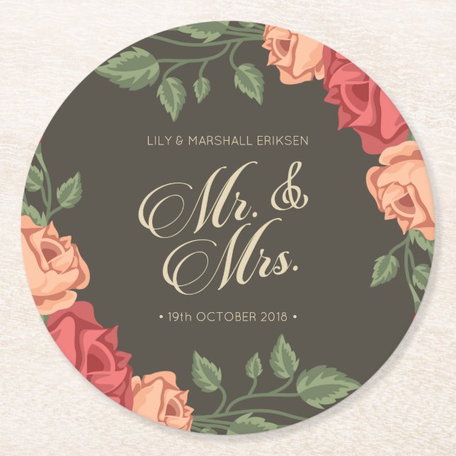 Elegant Floral Mr. & Mrs. Wedding | Untersetzer Pa (Vorderseite)