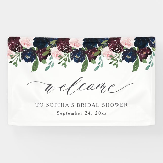 Elegant Floral Navy Blue and Plum | Begrüßung Banner (Horizontal)