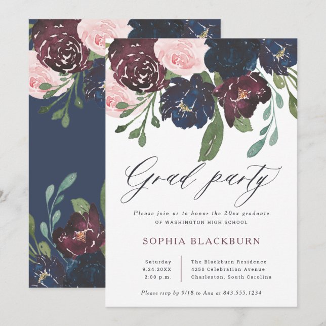 Elegant Floral | Navy Blue and Plum Grad Party Einladung (Vorne/Hinten)