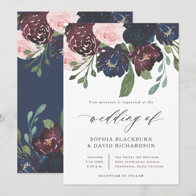 Elegant Floral Navy Blue and Plum | Hochzeit Einladung (Vorne/Hinten)
