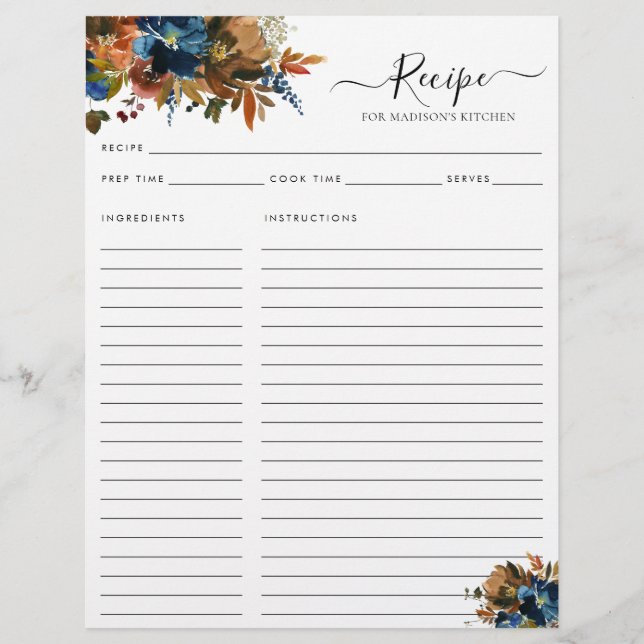 Elegant Floral Navy Blue Terracotta Küche Rezept (Vorderseite)