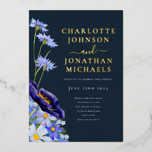 Elegant Floral Navy Blue und Gold Folieneinladung