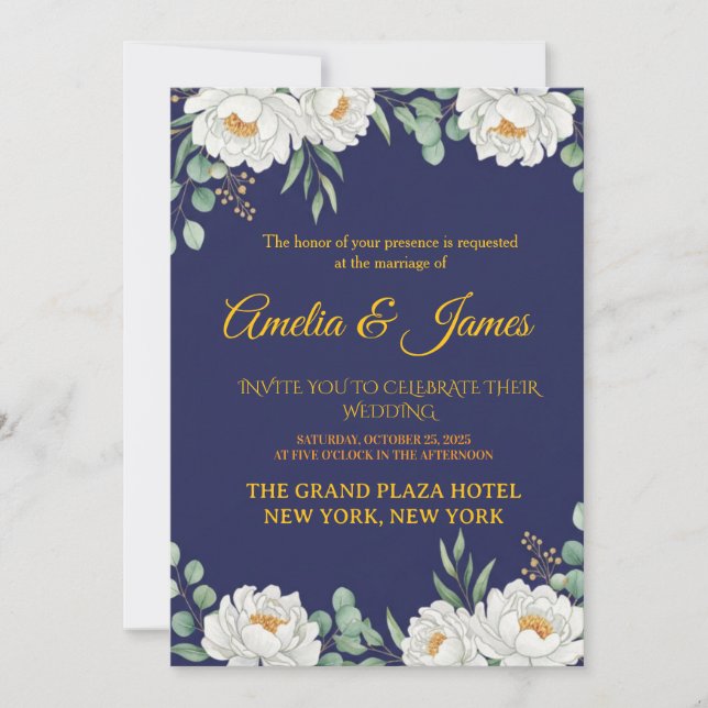 Elegant Floral Navy Blue Wedding Invitation Einladung (Vorderseite)