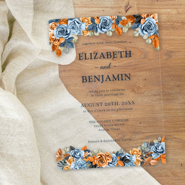 Elegant Floral Navy Rust Dark Terracota Hochzeit Acryleinladungen (Von Creator hochgeladen)