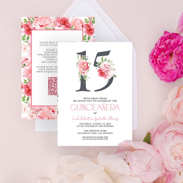 Elegant Floral Number 15 Pink QR Quinceañera Einladung (Von Creator hochgeladen)