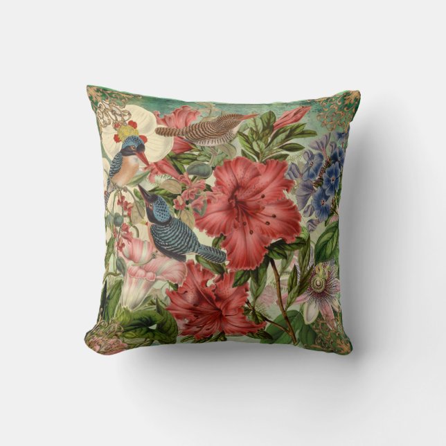 Élégant Floral, Oiseaux, Ornate Trim Jeu Oreiller (Recto)