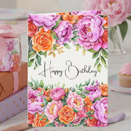 Elegant Floral Orange Pink Peonies Happy Birthday Karte