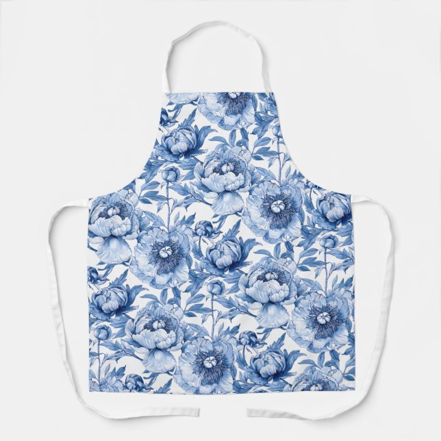 Elegant Floral Pattern Blue and White Chinoiserie Schürze (Vorderseite)