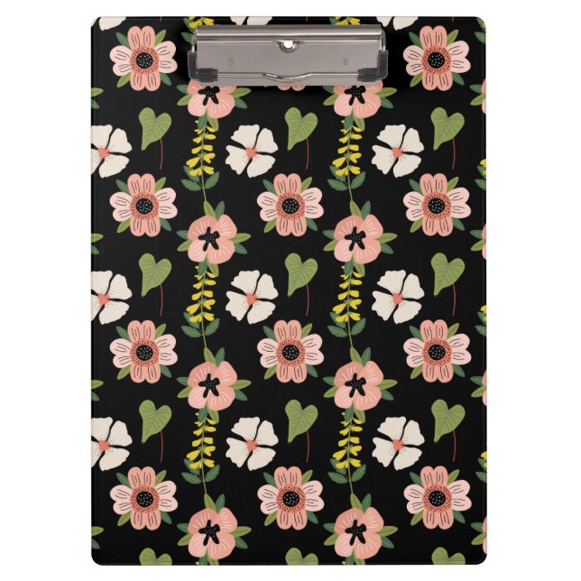 Elegant Floral Pattern on Black | Chic Botanical  Klemmbrett (Vorderseite)