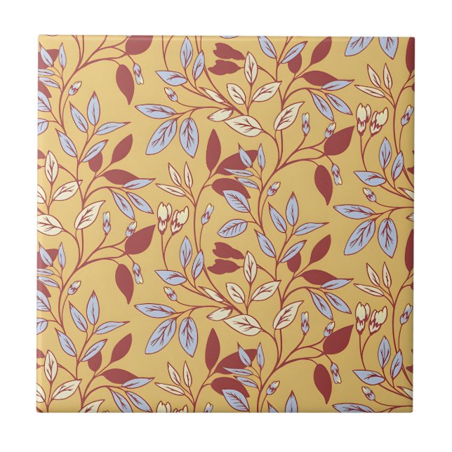 Elegant Floral Pattern with Red and Blue Leaves Fliese (Vorderseite)