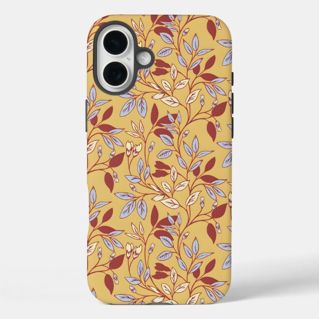 Elegant Floral Pattern with Red and Blue Leaves iPhone 16 Plus Hülle (Rückseite)