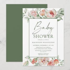 Elegant Floral Peony Greenerity Script Baby Shower Einladung