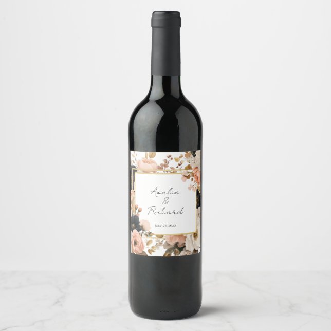 Elegant Floral Personalized Wedding Bottle Labels Weinetikett (Vorderseite)
