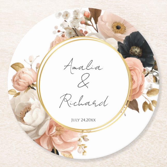 Elegant Floral Personalized Wedding Coasters Runder Pappuntersetzer (Vorderseite)