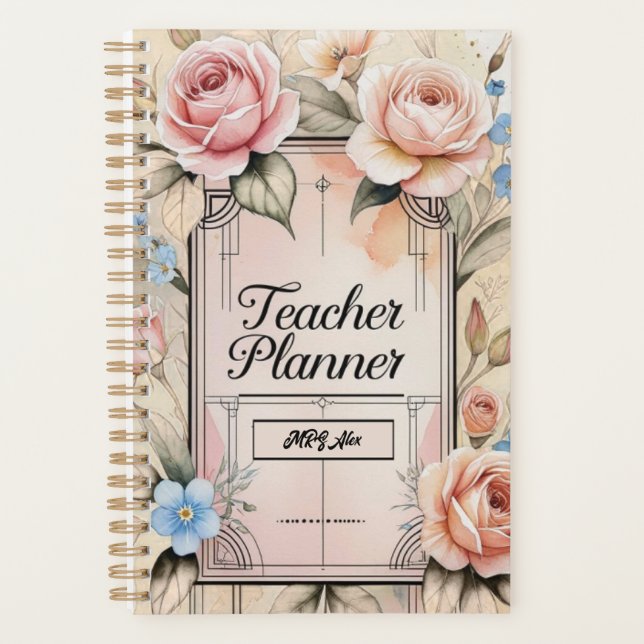 Élégant Floral Personnalisé enseignant planificate (Devant)