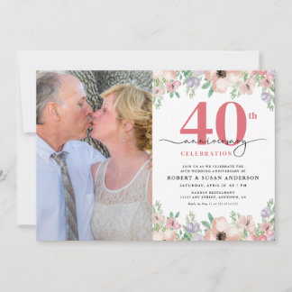 Elegant Floral Photo 40th Wedding Anniversary Einladung