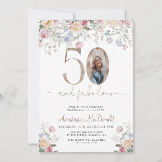 Elegant Floral Photo 50th Birthday Einladung