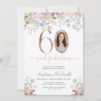 Elegant Floral Photo 60th Birthday Einladung
