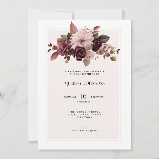 Elegant Floral Pink 60th Birthday Invitation Einladung (Vorderseite)