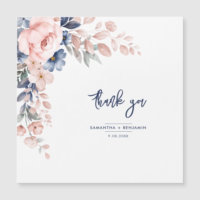 Elegant Floral Pink Blue Wedding Script Vielen Dan Magnetkarte (Vorderseite)