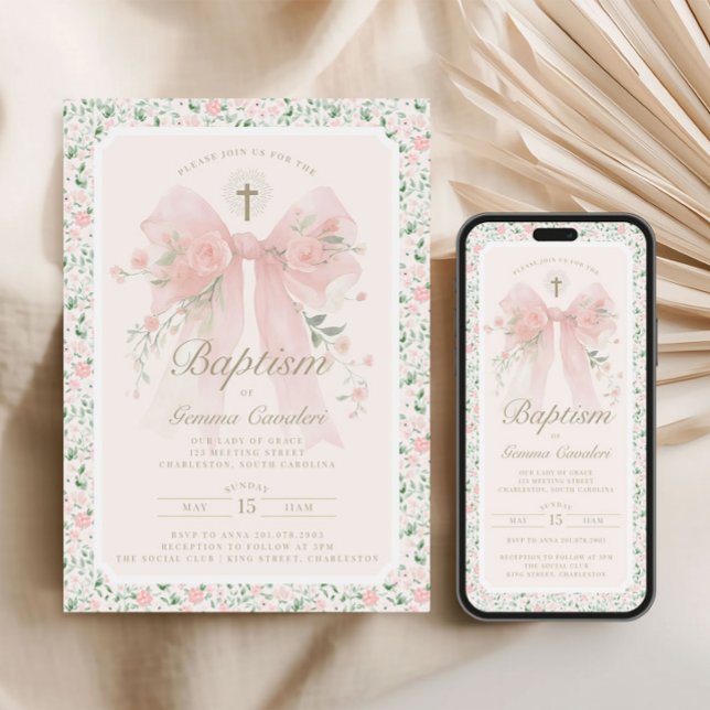 Elegant Floral Pink Bow Baptism Invitation Einladung (Von Creator hochgeladen)