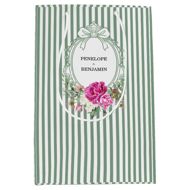 Elegant Floral Pink Peony Crest Wedding Mittlere Geschenktüte (Vorderseite)