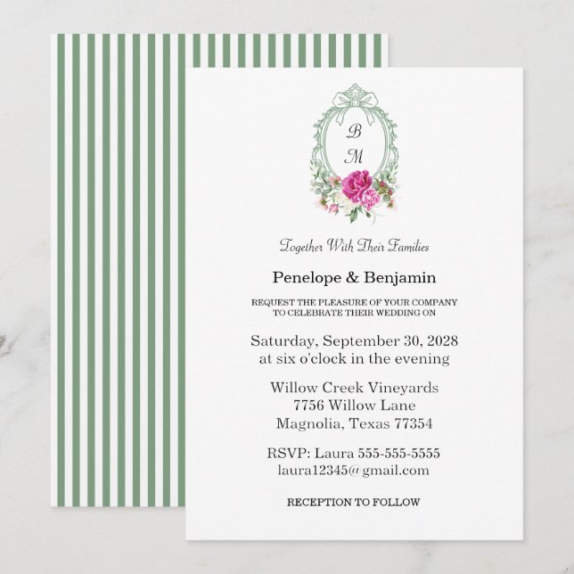 Elegant Floral Pink Peony Monogram Wedding Einladung (Vorne/Hinten)