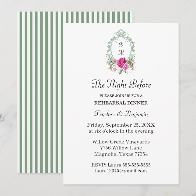 Elegant Floral Pink Peony Monogram Wedding Einladung (Vorne/Hinten)