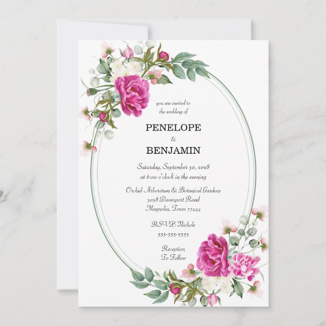 Elegant Floral Pink Peony Monogram Wedding Einladung (Vorderseite)